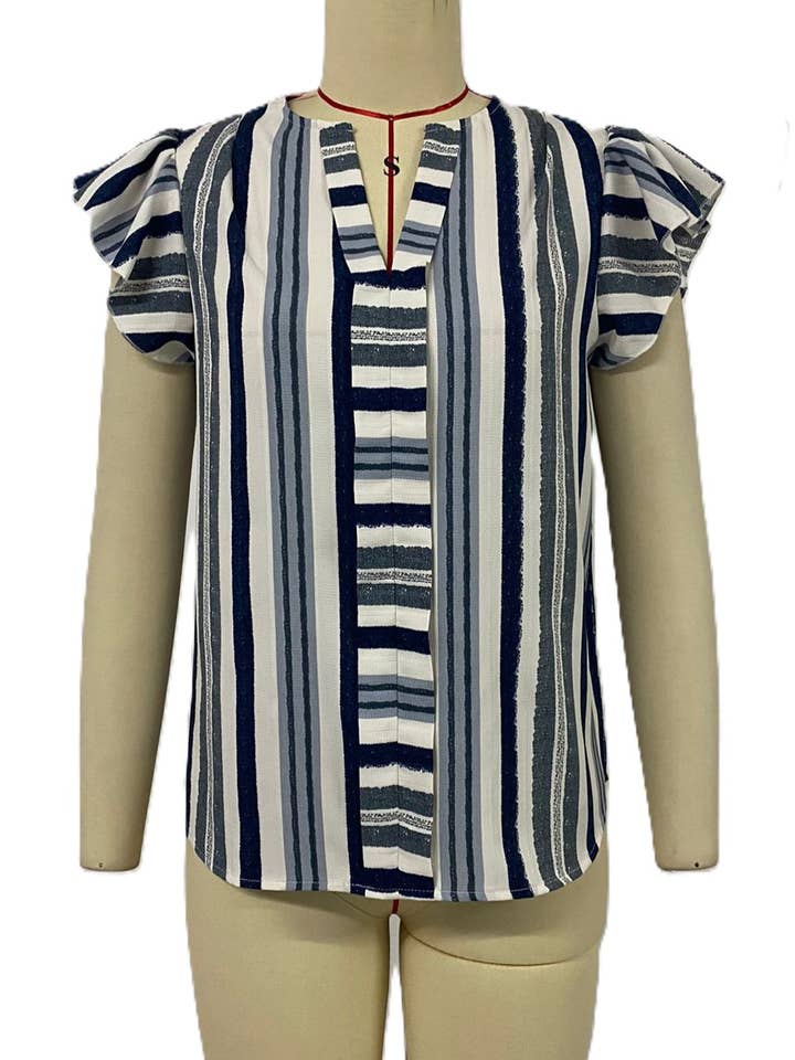 Elegant V-Neck Ruffled Slouchy Striped Blouse