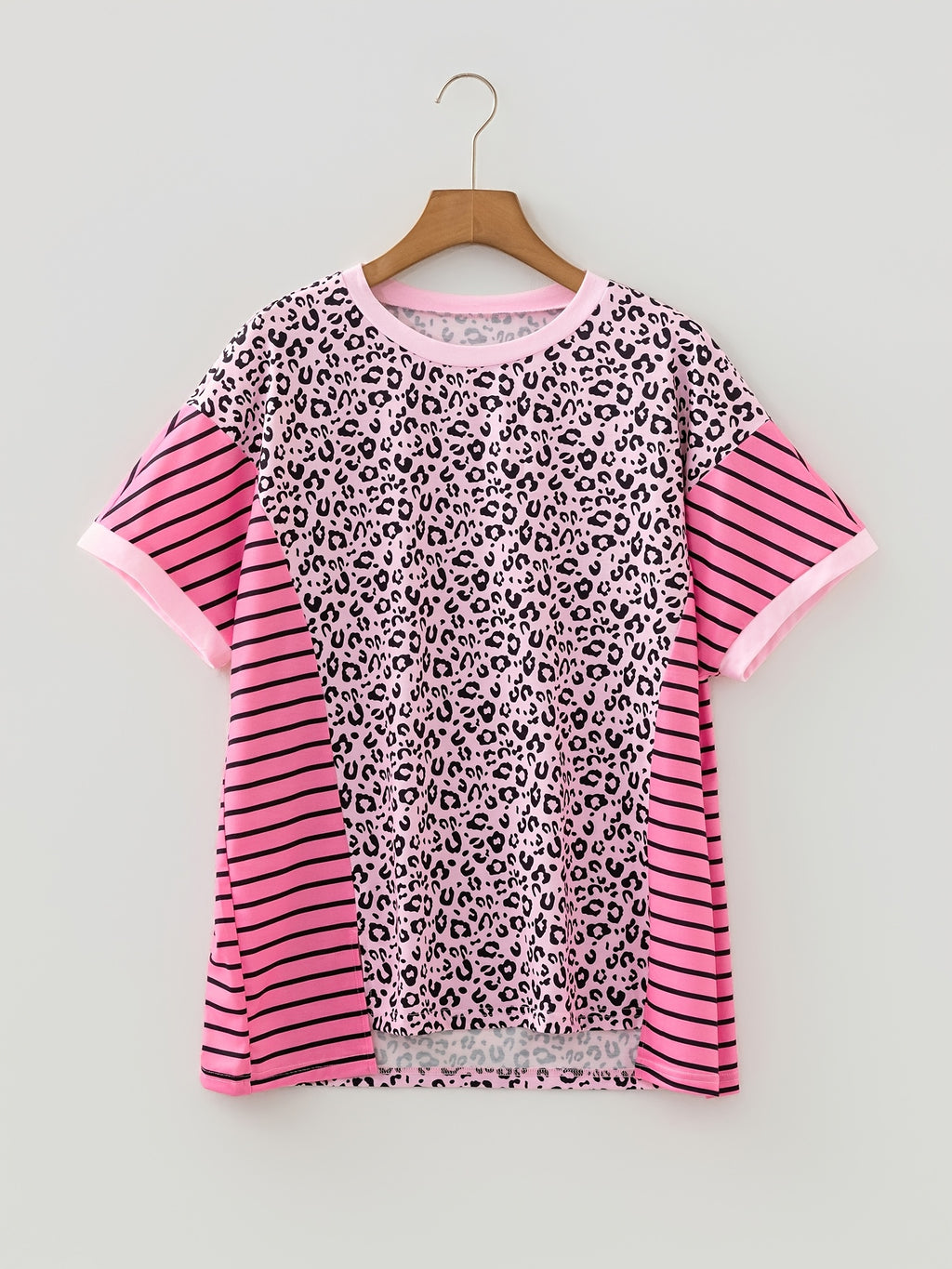 Pink Leopard Striped Patchwork Side Slit Loose Short Sleeve Top