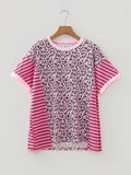 Pink Leopard Striped Patchwork Side Slit Loose Short Sleeve Top