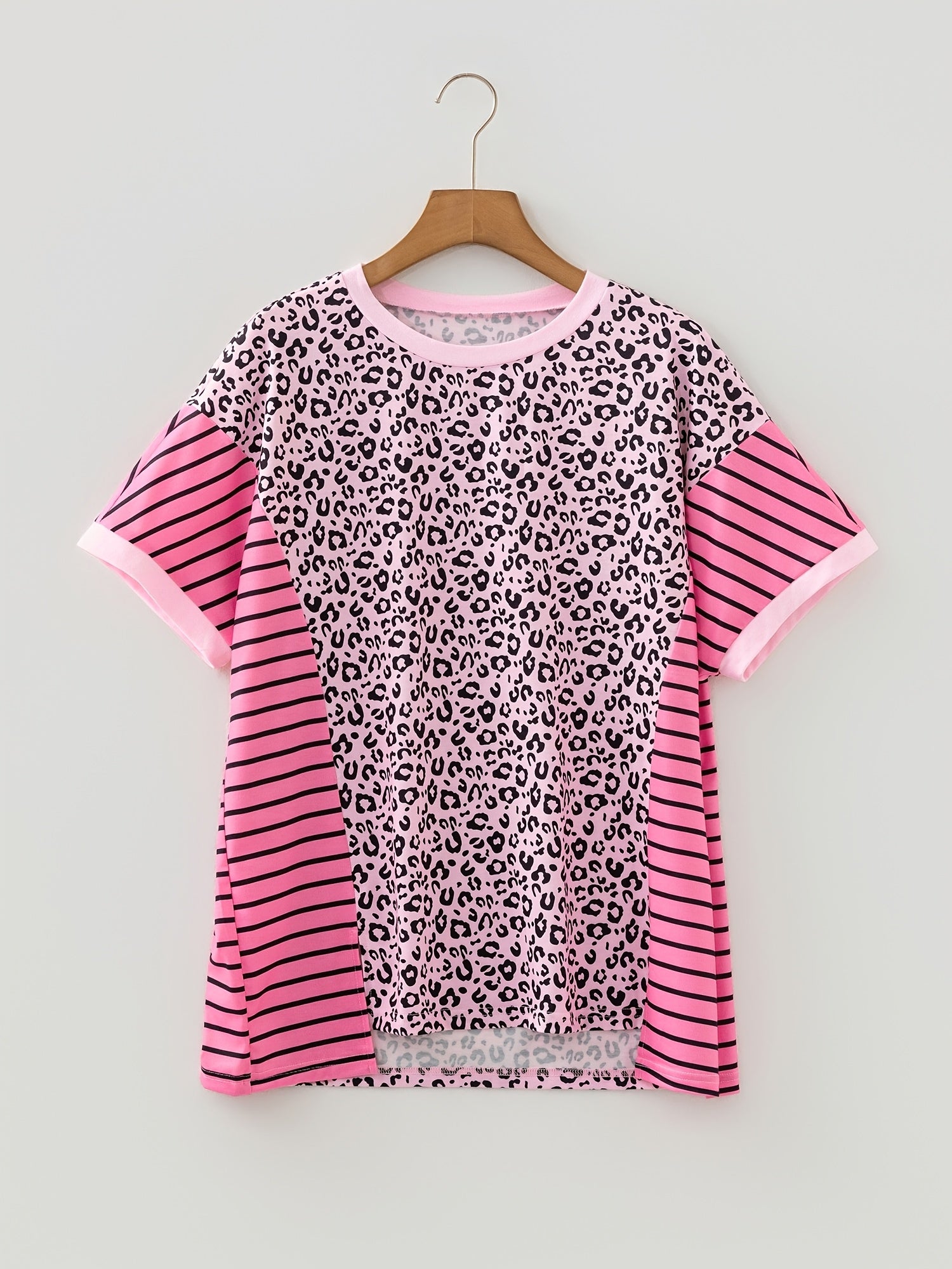 Pink Leopard Striped Patchwork Side Slit Loose Short Sleeve Top