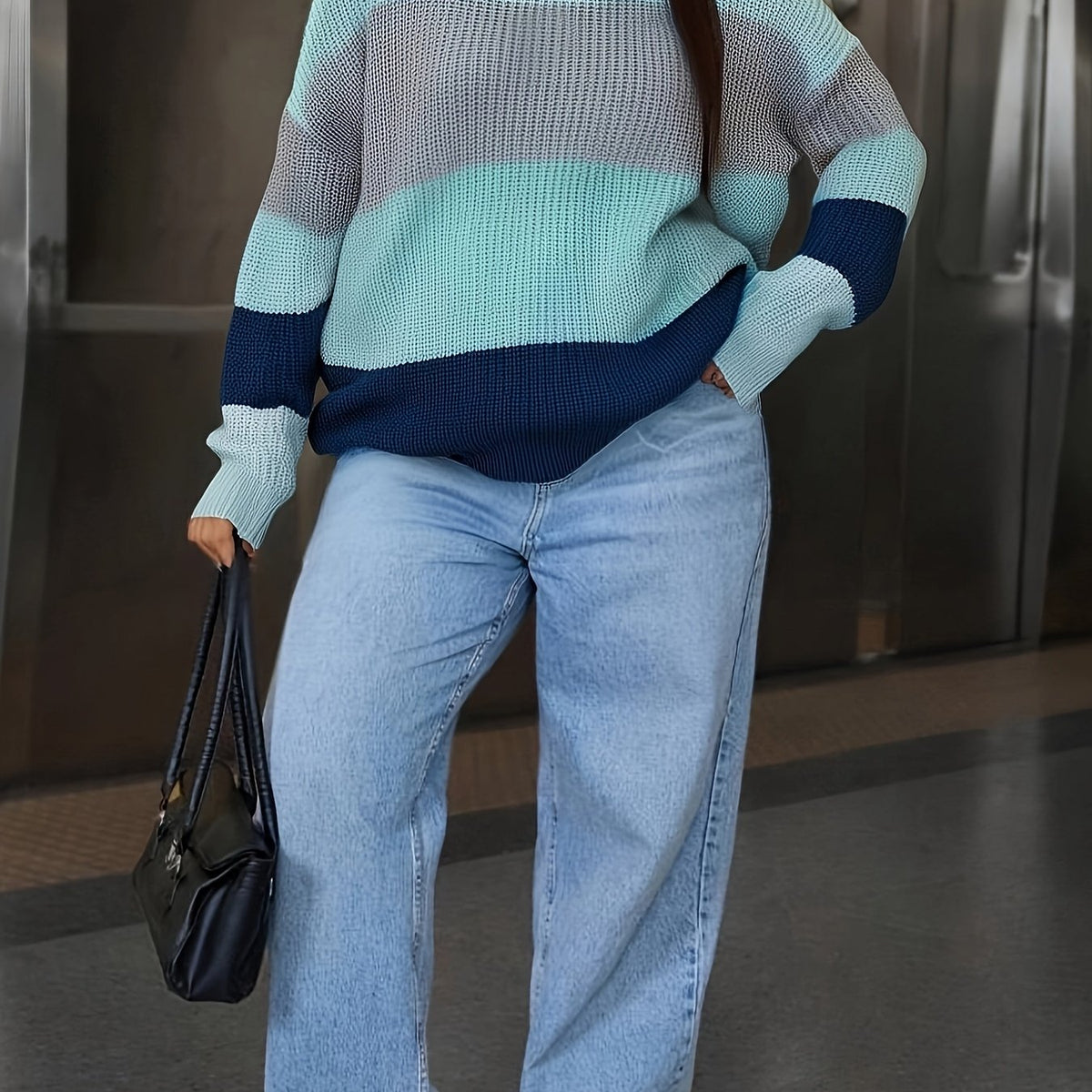 Plus Size - Round Neck Pullover Long Sleeve Shirt
