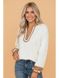 PRETTY BASH Colorblock V-Neck Textured Long Sleeve Blouse