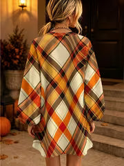 Fall Halloween Outfit Classic Autumn Tartan Plaid Print Oversized Long Sleeve Sweatshirt Dress, Holiday Loose — view 2