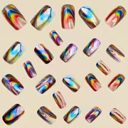 48pcs of Holographic Marble Square Press-On Nails, Featuring Iridescent Rainbow Marble Designs, Shiny Metallic — view 3