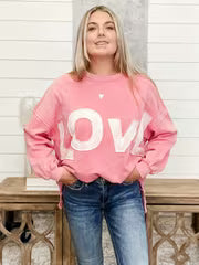 "LOVE" Three-dimensional Pattern Stitching Round Neck Casual Sweatshirt, Applique Loose Shoulder Top, Side Slit — view 3