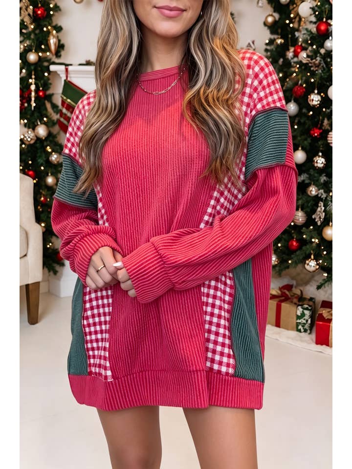 Plaid Colorblock Christmas Twist Rib Long Sleeve Top | S-Xl — view 1