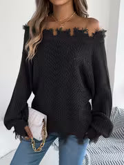 Solid Color Off Shoulder Sweater, Casual Long Sleeve Sweater For Fall & Winter, Women's Clothing — view 4