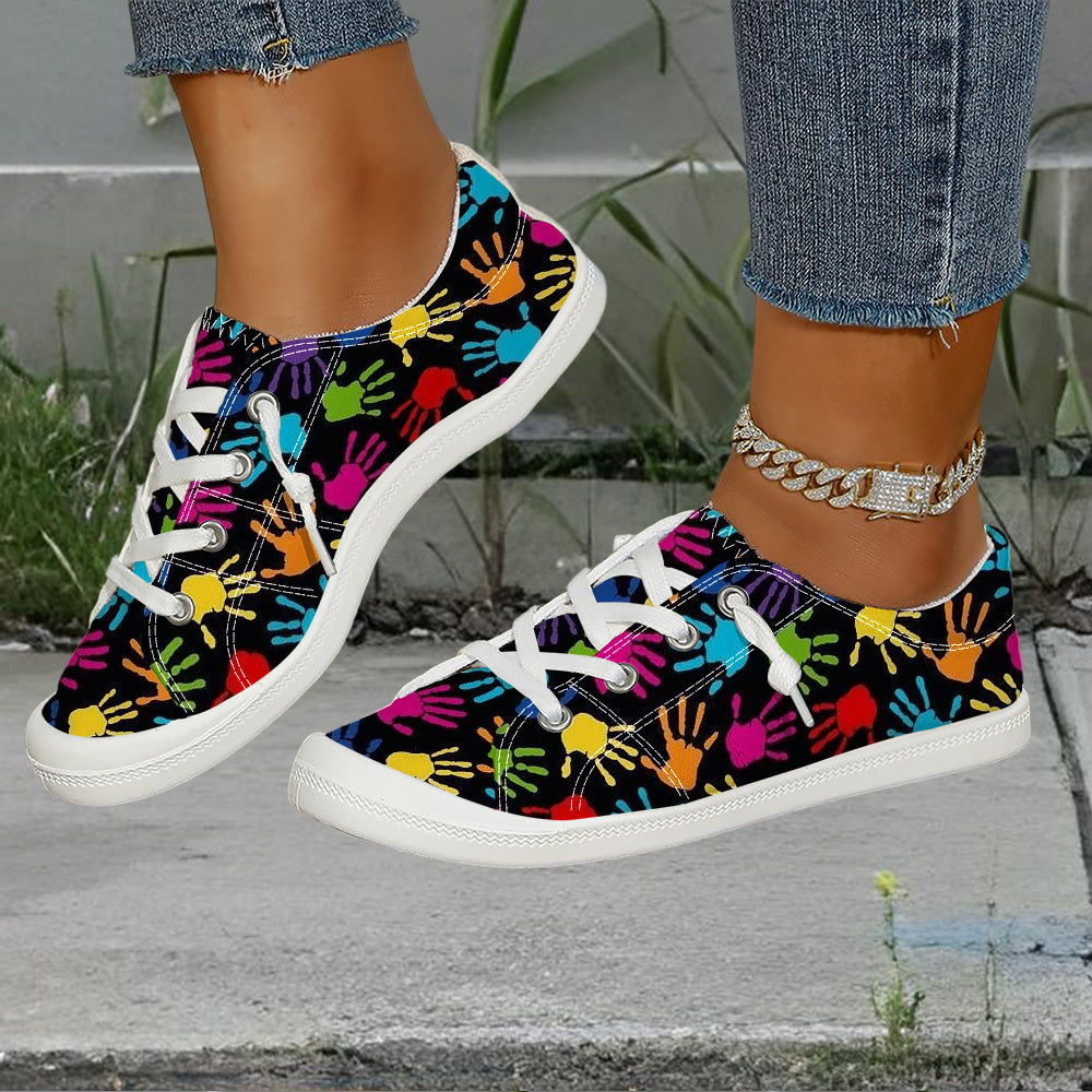 Women's Sports Casual Shoes, Colorful Handprint Print, Lace-Up Thick Sole, Non-Slip Soft Bottom, Fashionable Versatile, Breathable Lightweight Slip-On Plus Size Women's Shoes, Women Shoes, Sneakers