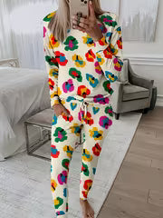 Women'S Spring And Autumn Home Wear Pajamas Two-Piece Set - Multicolor Leopard Print Long-Sleeved Top - Elastic — view 1