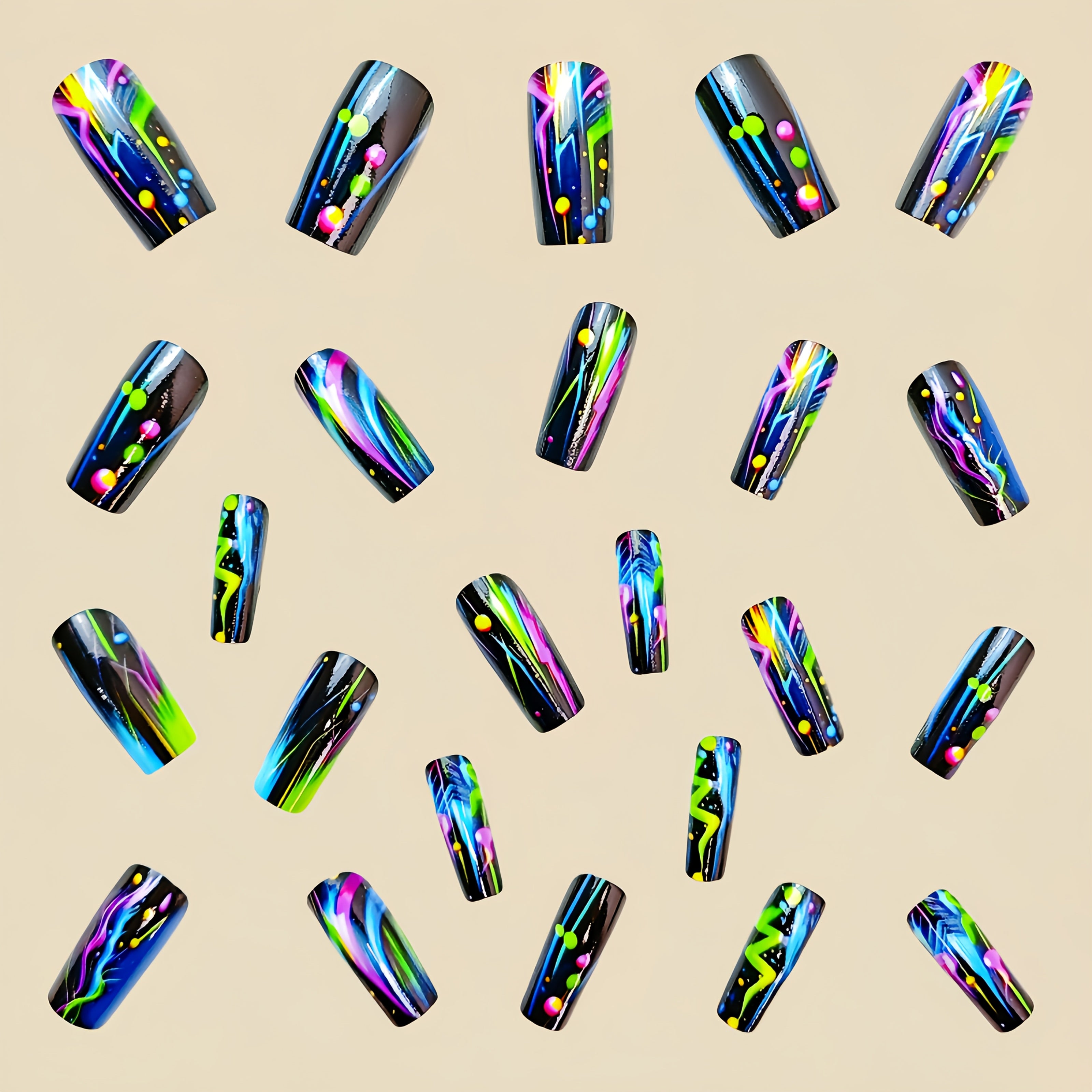 (48pcs+2pcs Glue) Black Collection of Nail Art Stickers with Colorful Ombre Design Long Oval Fake Nail Decals in a Removable Box