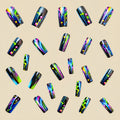 (48pcs+2pcs Glue) Black Collection of Nail Art Stickers with Colorful Ombre Design Long Oval Fake Nail Decals in a Removable Box