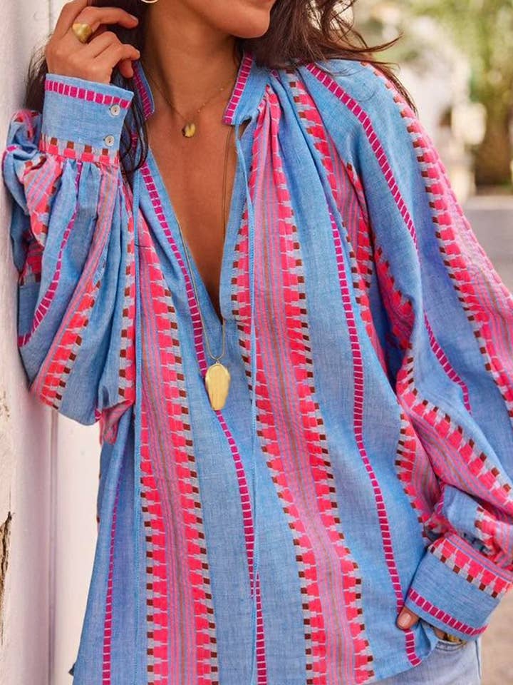 Bohemian Chic Resort Style Blouse in Geometric Stripes