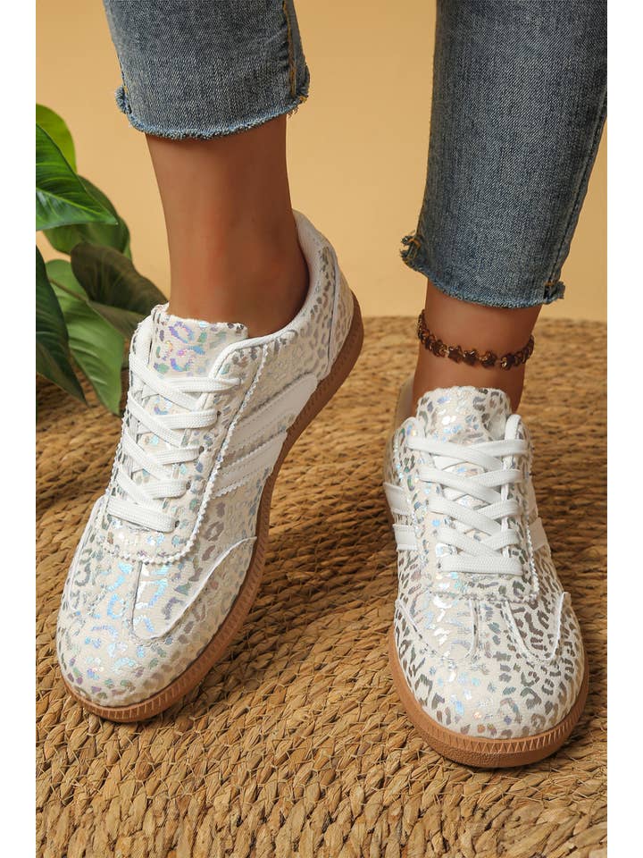 Ldc Leather Detail Shimmer Leopard Printed Lace-Up Sneakers