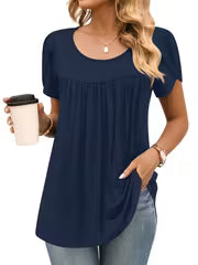 Women's Fashion Pleated Front Round Neck Petal Sleeve Casual Top, Elegant Short-Sleeved T-Shirt for Layering or — view 7