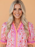 PRETTY BASH Floral Colorblock V-Neck Short Sleeve Blouse