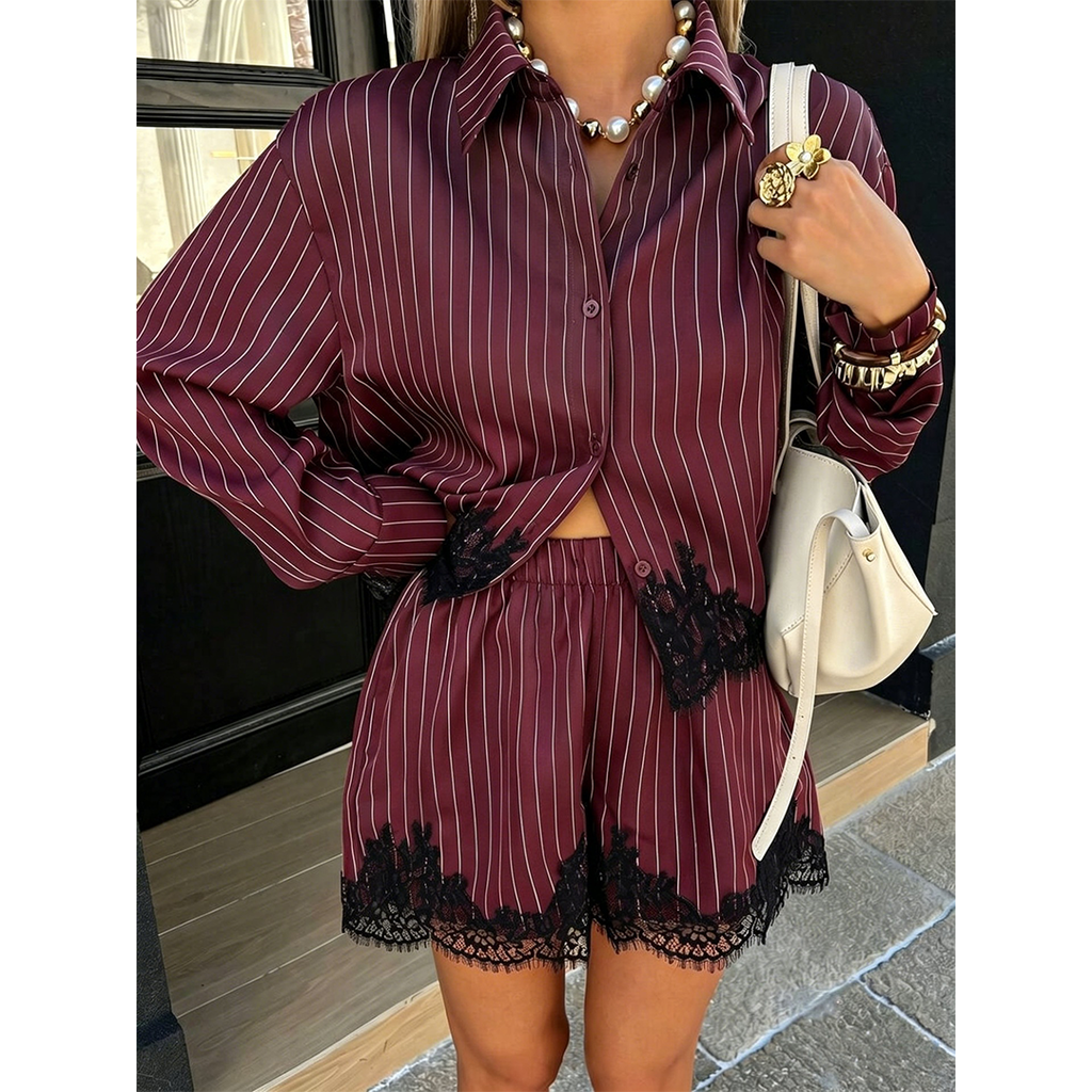 Lace Patchwork Shirt Drawstring Shorts 2-Piece Set GZDY067