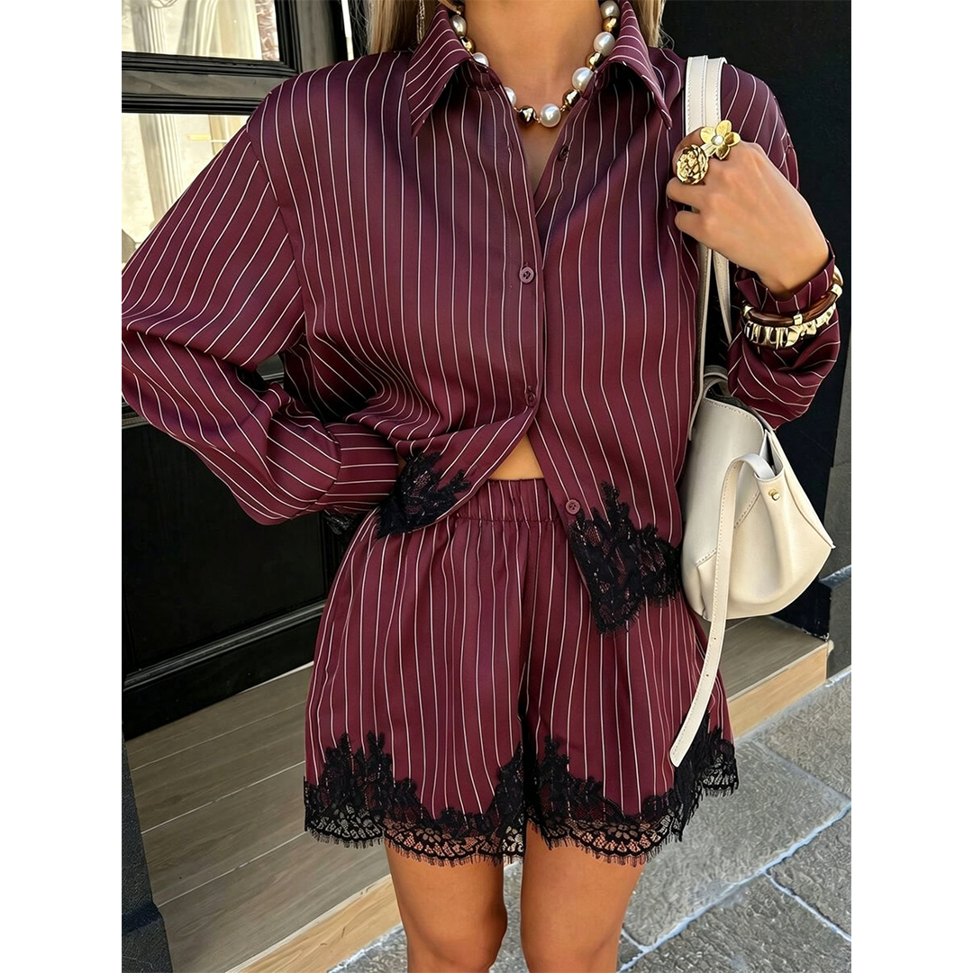 Lace Patchwork Shirt Drawstring Shorts 2-Piece Set GZDY067