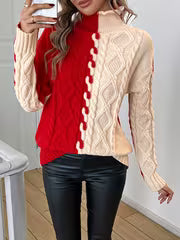 European & American Streetwear Thick Cable- Sweater - Asymmetrical Half-and-Half Color Block Turtleneck — view 1