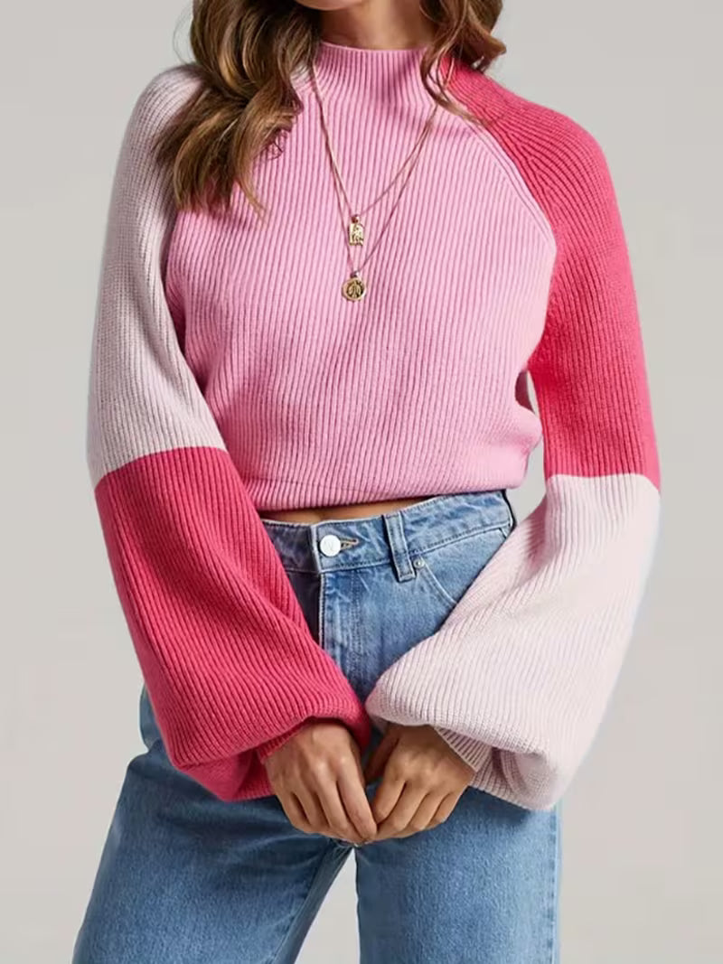 Color Block Ribbed Crop Sweater Mock Neck Flare Long Sleeve Pullover — view 2