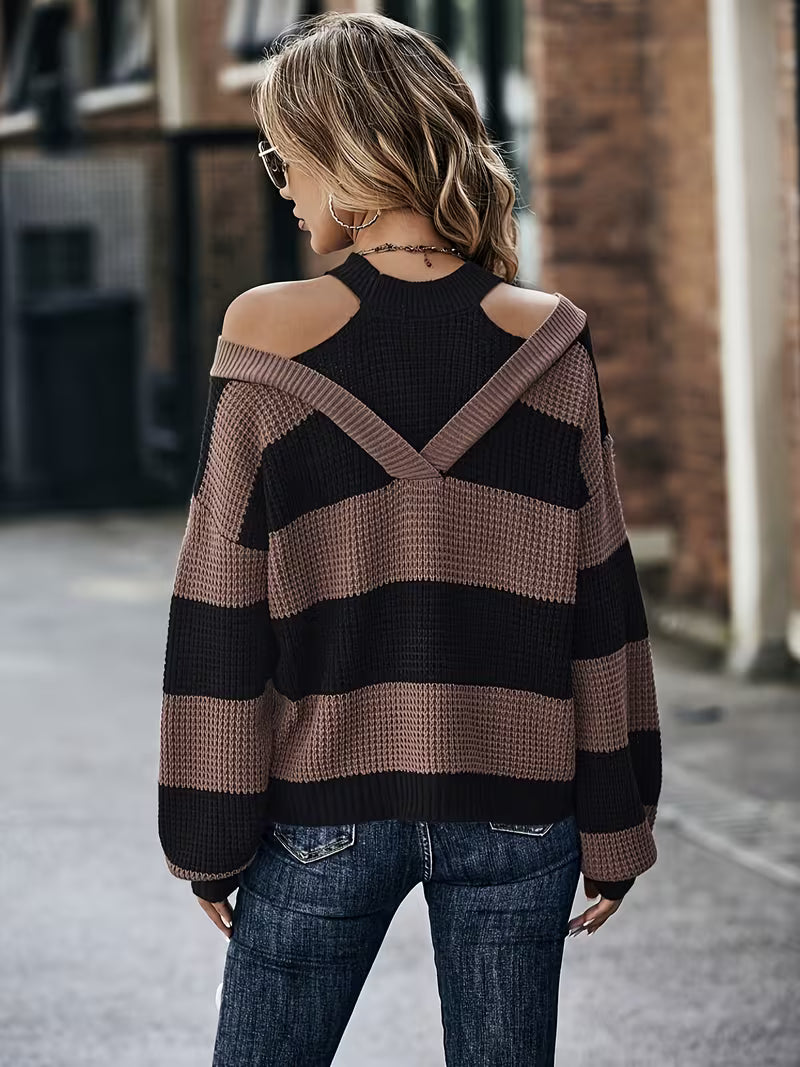Women's Round Neck Sweater with Contrast Color Block Stripes, Waffle, Long Sleeves, Ribbed Cuffs, Loose Fit — view 5