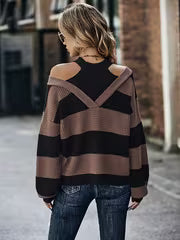 Women's Round Neck Sweater with Contrast Color Block Stripes, Waffle, Long Sleeves, Ribbed Cuffs, Loose Fit — view 4