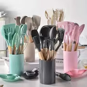15pcs Silicone Utensil Set - Non-Stick Cooking Utensils with Wooden Handle & Storage Bucket - Apartment & Dorm — view 1