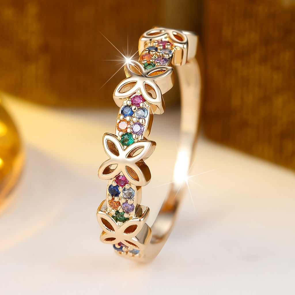 A Simple and Stylish Multicolor Synthetic Zirconia Inlaid Hollow Butterfly Design Ring, Comfortable Everyday Jewelry for Women with a Fashionable & Exquisite Look