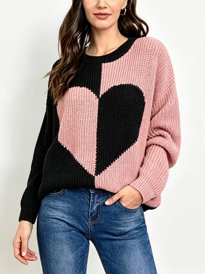 Women' Pink & Black Contrast Heart Jacquard Sweater - Loose Fit Round Neck Pullover, Soft Winter Sweater — view 7