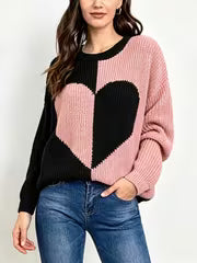 Women' Pink & Black Contrast Heart Jacquard Sweater - Loose Fit Round Neck Pullover, Soft Winter Sweater — view 2