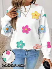 Women'S Loose Round Neck Full Print Sweatshirt, Floral Print Long Sleeve Pullover, Oversized Drop Shoulder — view 1