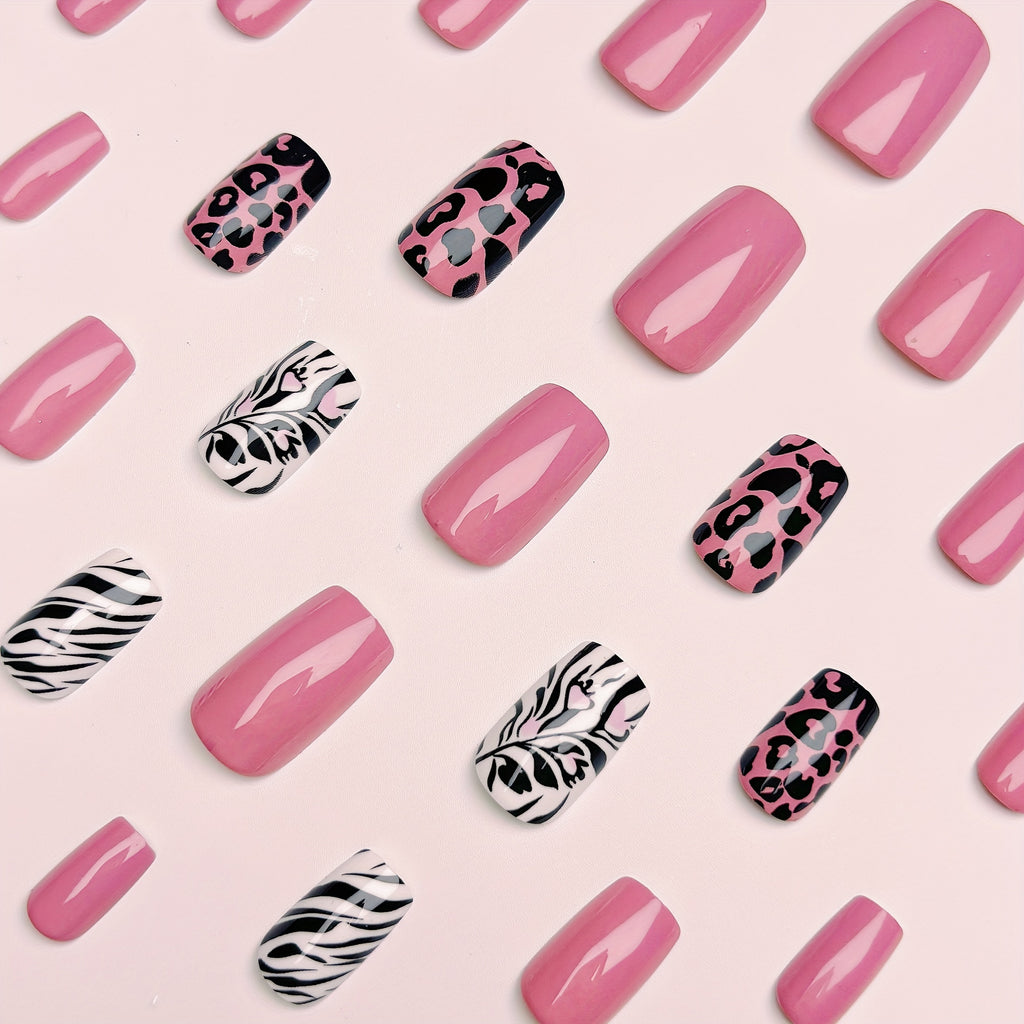 Pink Nails Medium Length Black Spotted Striped Nail Glossy False Nail Pieces Cool Leopard Print Square Heart Wearable Nails Fashion Press-On Nails Nail Stickers 24pcs with Glue False Nail Pieces