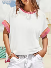 Women Summer Color Block Oversized Short Sleeve T Shirt Textured Ribbed Loose Relaxed Fit Crew Neck Casual Daily — view 1
