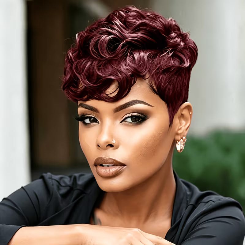Real Human Hair Wig Suitable for Women & - Short Curly Pixie Cut with Bangs, 180% Density Thick Soft Black — view 7
