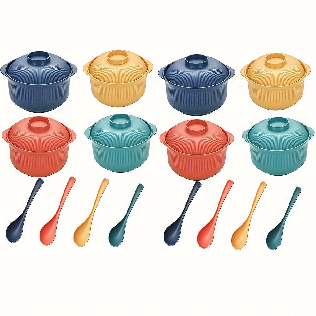 8/16/32pcs Wheat Straw & Plastic Large Capacity Bowls Set | 40oz/1100ml with Lids, Handles & Long Spoons, Microwave/Dishwasher Safe, Non-Slip, Ideal for Soup, Ramen, Spaghetti, Family, Camping, Picnics, Couples & Restaurants
