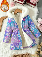 Autumn Winter New Girls' Fleece Hooded Jacket, Floral Print Gradient Blue Purple Windproof Warm Lined Outdoor — view 7