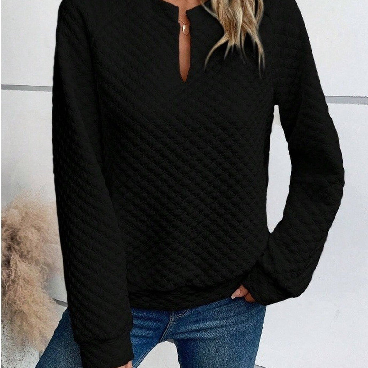 2026 Fall Women Textured Knit Top Long Sleeve Notch Neck