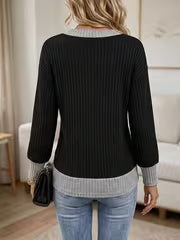 Autumn Winter New Contrast V-Neck Ribbed Top Women'S Loose Long Sleeve Base Layer Casual Commute Sweater — view 5