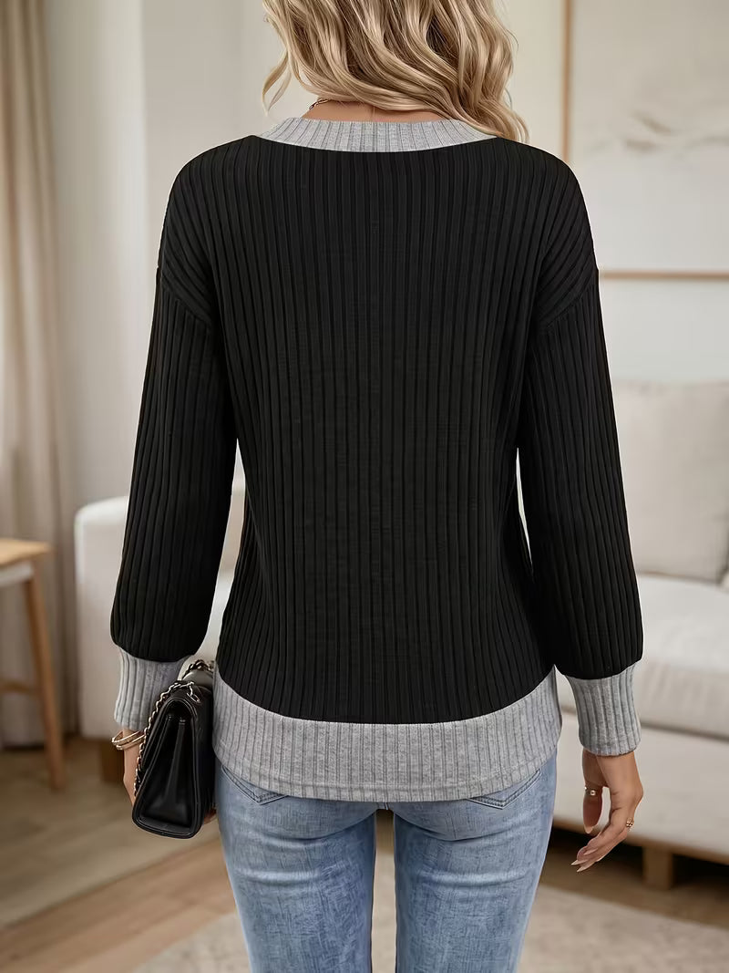 Autumn Winter New Contrast V-Neck Ribbed Top Women'S Loose Long Sleeve Base Layer Casual Commute Sweater — view 6