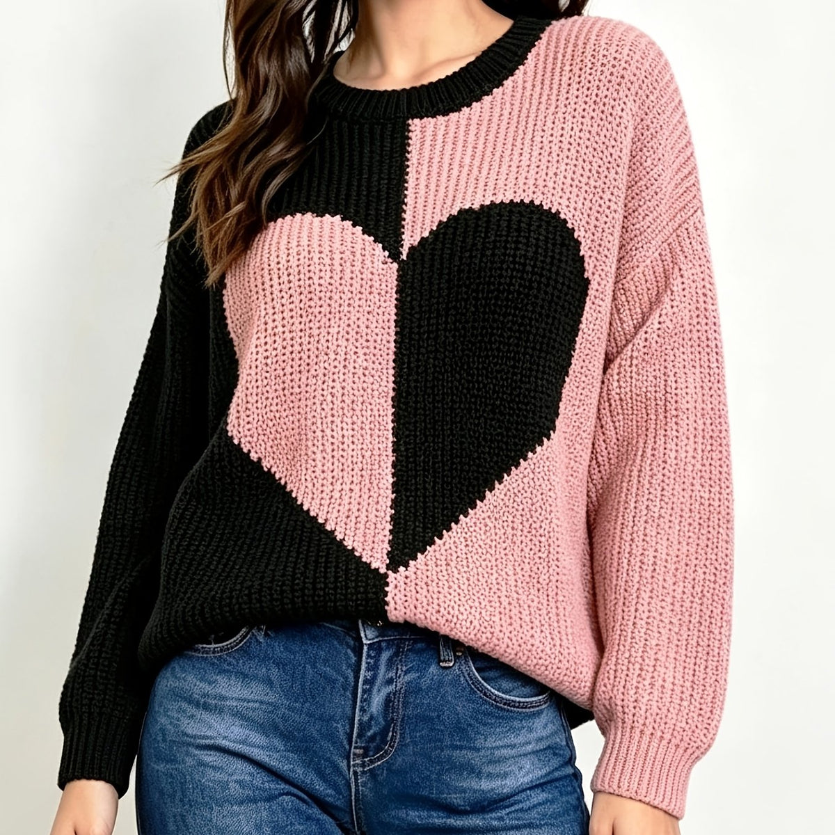 Women' Pink & Black Contrast Heart Jacquard Sweater - Loose