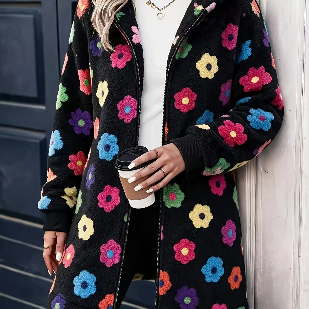 Dopamine Colored Flower Plush Coat Women'S Mid-Length