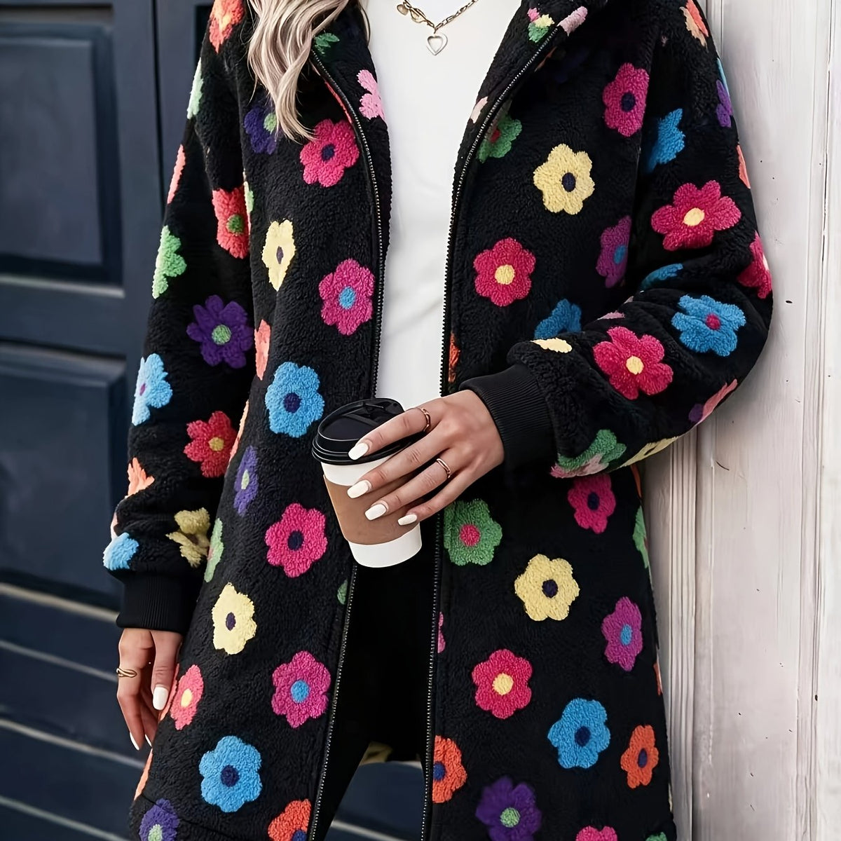 Dopamine Colored Flower Plush Coat Women'S Mid-Length