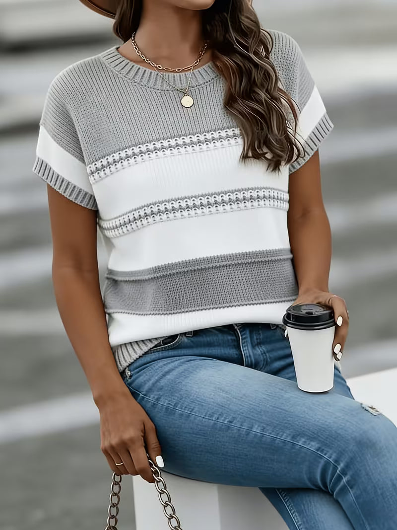 Loose Short Sleeve Round Neck Color-Block T-Shirt Breathable Hollow-Out - Fit -Compatible Top | Striped Suitable — view 7