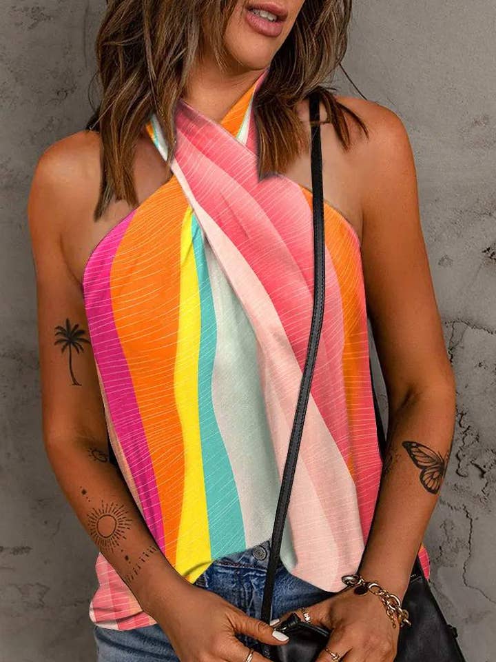 Colorblock Crisscross Halter Tank Top