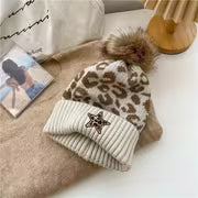 Women's Leopard Print Beanie with Faux Pom-Pom & Heart Embroidery Trim - Elastic Suitable for Daily Outdoor — view 12