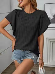 Women's Round Neck Double Layer Ruffle Short Sleeve T-Shirt - Breathable Ribbed, Machine Washable, Solid Color — view 1
