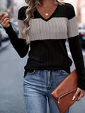 Trendy V-Neck Colorblock Long Sleeve Blouse Shirt ZK1995