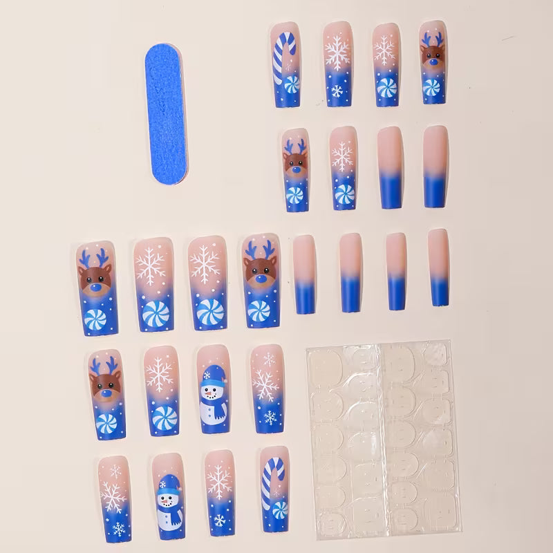 24pcs Christmas Nail Stickers Long Water Pipe Gradient Blue Snowman Lost Cane Snowflake Pattern Printed Design — view 7