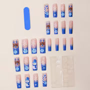 24pcs Christmas Nail Stickers Long Water Pipe Gradient Blue Snowman Lost Cane Snowflake Pattern Printed Design — view 2