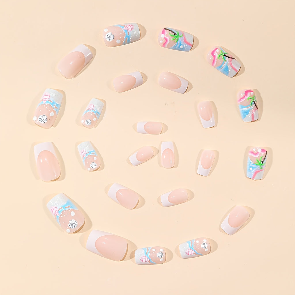 [24 Medium Square-Shaped Nails] 24 Medium Square-Shaped Nails Featuring a Summer Ocean Theme with a Minimalist White French Tip, 3D Embossed Designs of Waves, Shells, And Coconut Trees, Fully Covered And Press-On, Suitable for Women to Wear on a Daily Basis, During Vacations