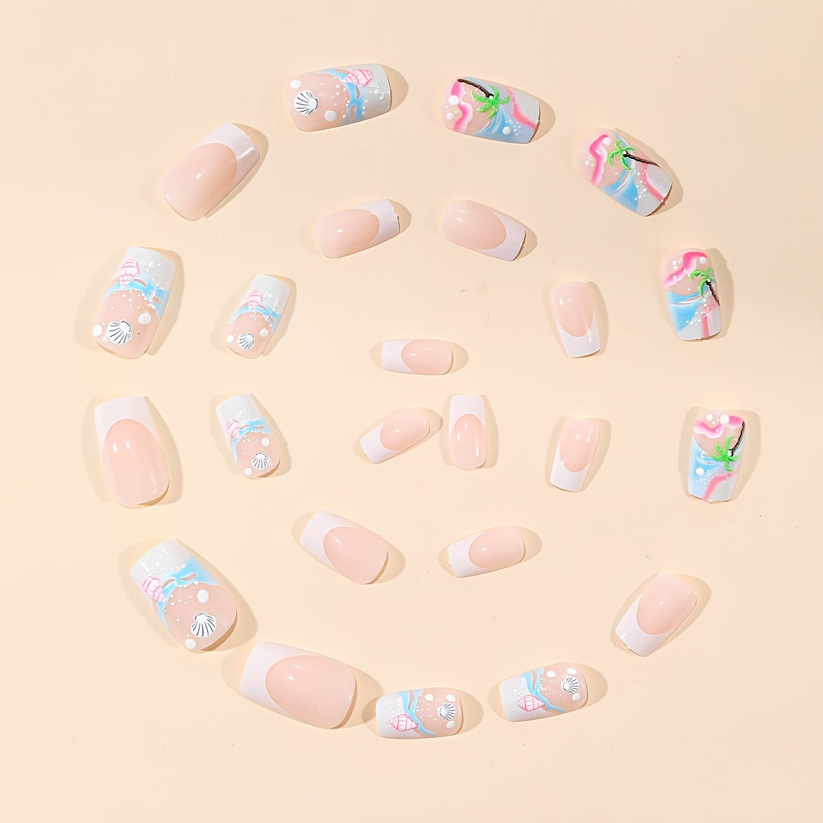 [24 Medium Square-Shaped Nails] 24 Medium Square-Shaped Nails Featuring a Summer Ocean Theme with a Minimalist White French Tip, 3D Embossed Designs of Waves, Shells, And Coconut Trees, Fully Covered And Press-On, Suitable for Women to Wear on a Daily Basis, During Vacations